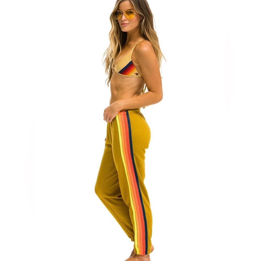 Aviator Nation Mustard Track Pants with Rainbow Side Stripes